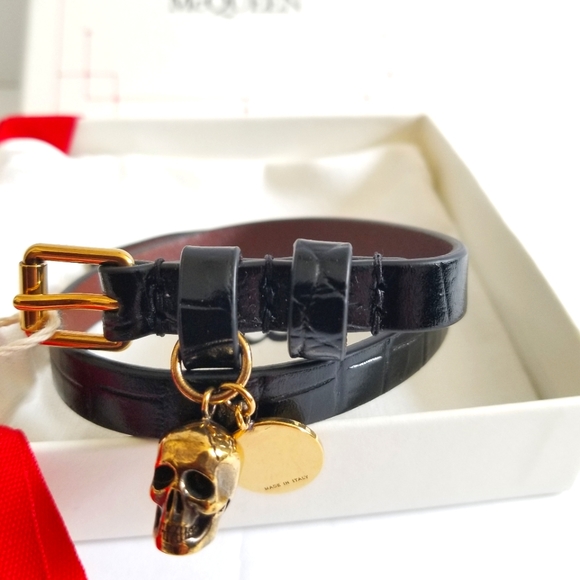 Alexander McQueen Skull Croc-Embossed Leather Double Wrap Bracelet Black… - Picture 1 of 6